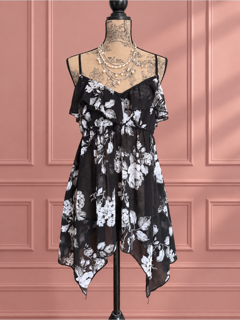Y2K Charlotte Russe Asymmetrical Black Floral Ruffle Tank Top Size S